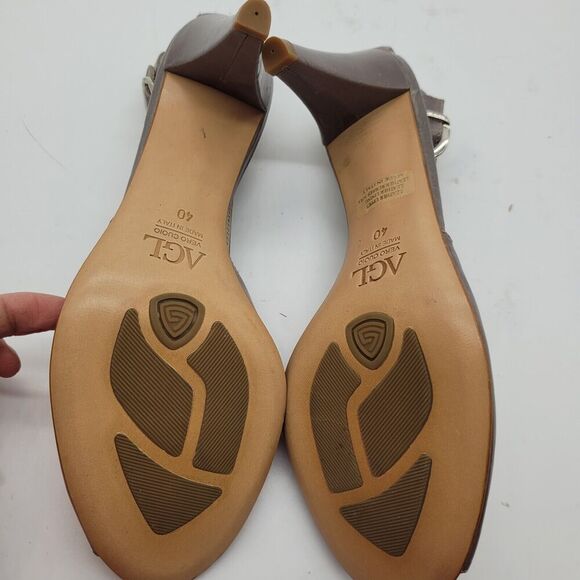 AGL gray brown leather sling back sandal cone heels sz EU 40 US 10 criss cross - Picture 8 of 10